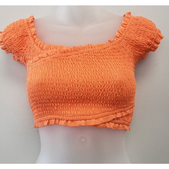 BCBGeneration Crop Top Women's MEDIUM Orange Smocked Off-The-Shoulder Stretch - Picture 7 of 11